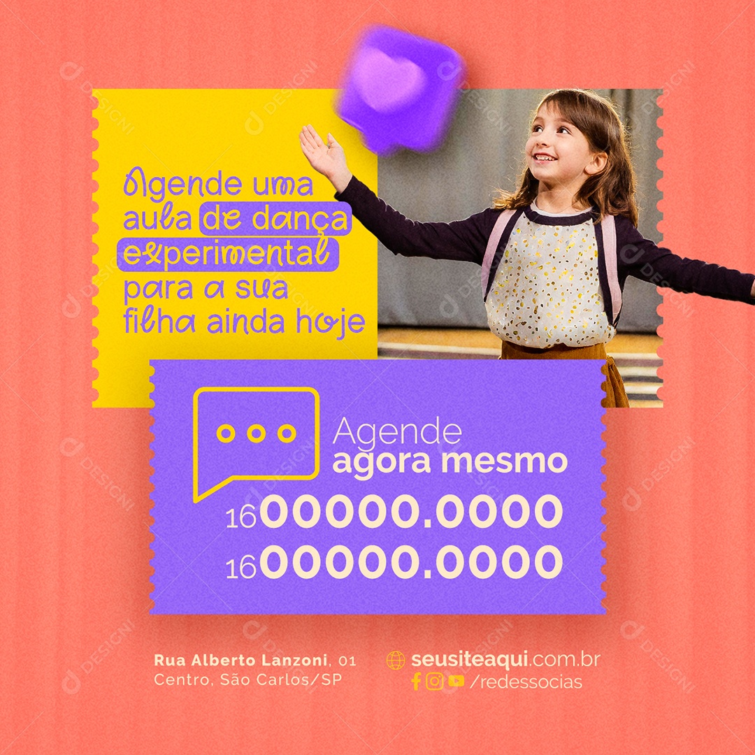 Teatro Infantil Agende uma aula de dança experimental Social Media PSD Editável