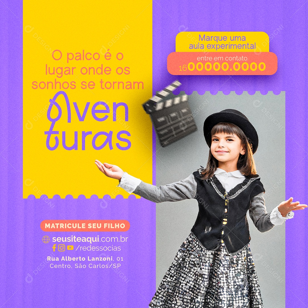 Teatro Infantil Marque uma aula experimental Social Media PSD Editável