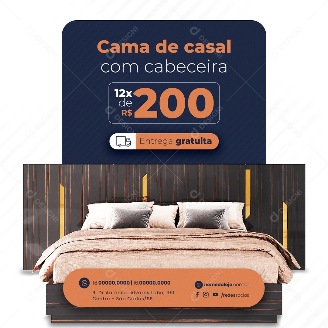 Loja de Móveis Cama de casal com cabeceira Entrega gratuita Social Media PSD Editável