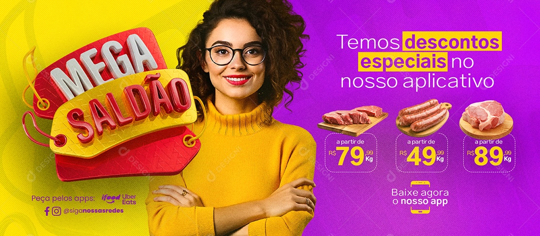 Capa de Supermercado Mega Saldão Açougue Temos descontos especiais Social Media PSD Editável