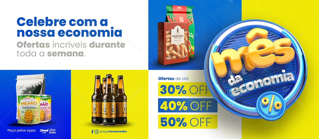 Capa de Supermercado mês da economia milho cerveja Ofertas de até 30% Off Social Media PSD Editável