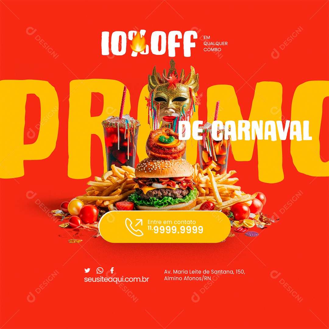 Hamburgueria Carnaval Promo de Carnaval 10% Off Social Media PSD Editável