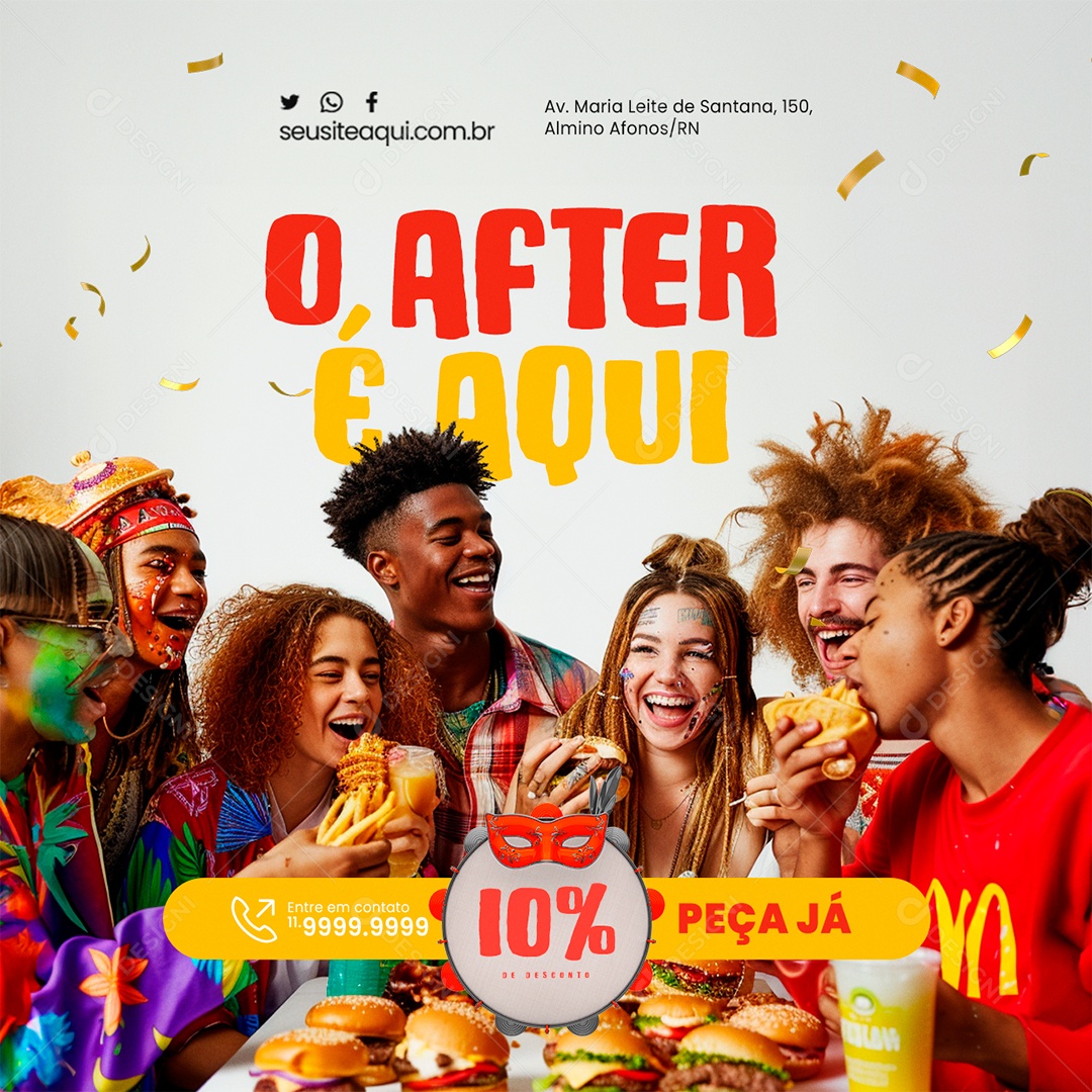 Hamburgueria Carnaval O After é Aqui 10% de Desconto Peça Já Social Media PSD Editável