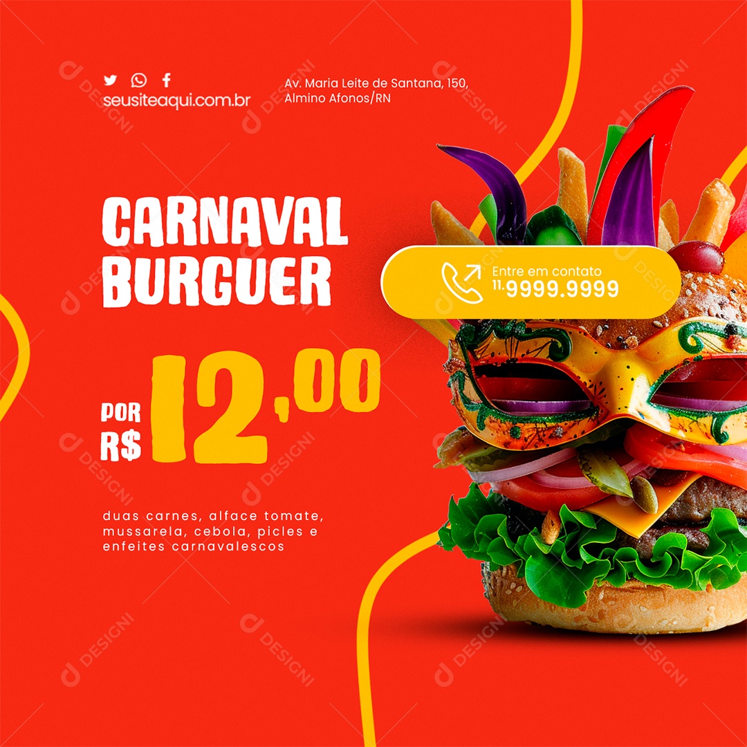 Hamburgueria Carnaval Burguer duas carnes alface tomate Social Media PSD Editável
