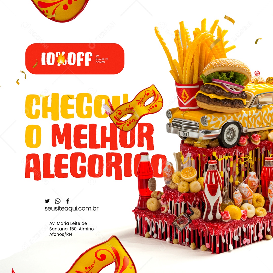 Hamburgueria Carnaval Chegou o Melhor Alegorigo 10% Off Social Media PSD Editável