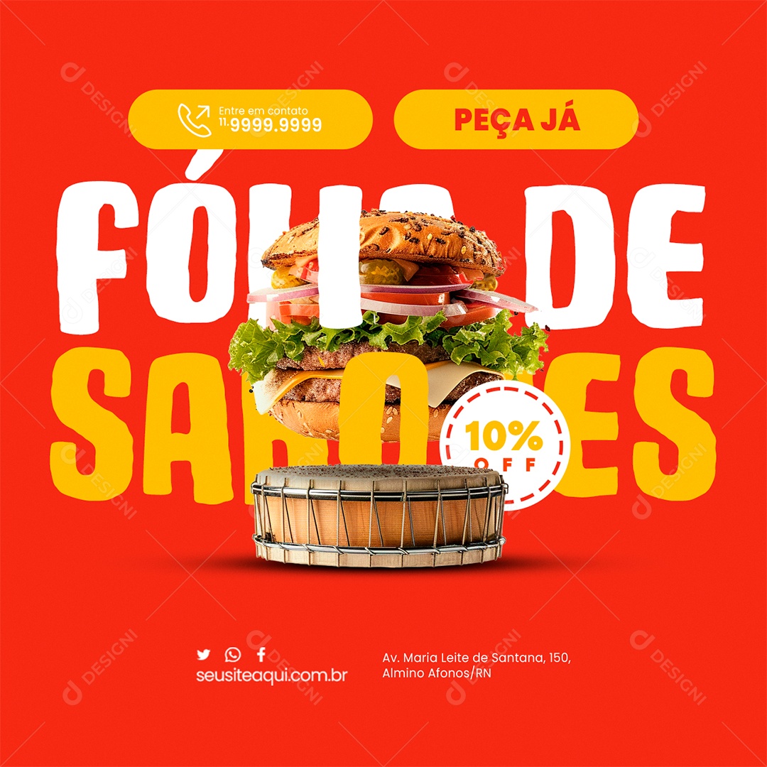 Hamburgueria Carnaval Folia De Sabores Hamburguer 10% Off Social Media PSD Editável