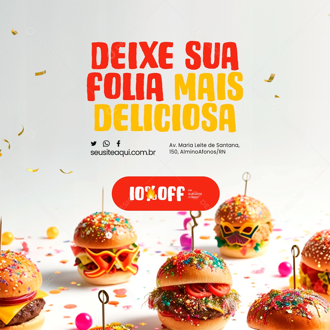 Hamburgueria Carnaval Deixe sua Folia Mais Deliciosa 10% Off Social Media PSD Editável