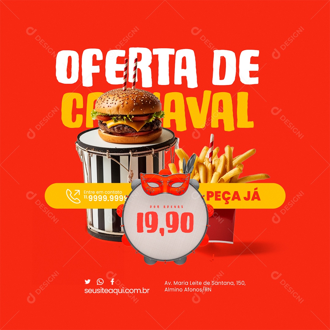 Hamburgueria Carnaval Oferta De Carnaval Peça já Hamburguer Batata Frita Social Media PSD Editável
