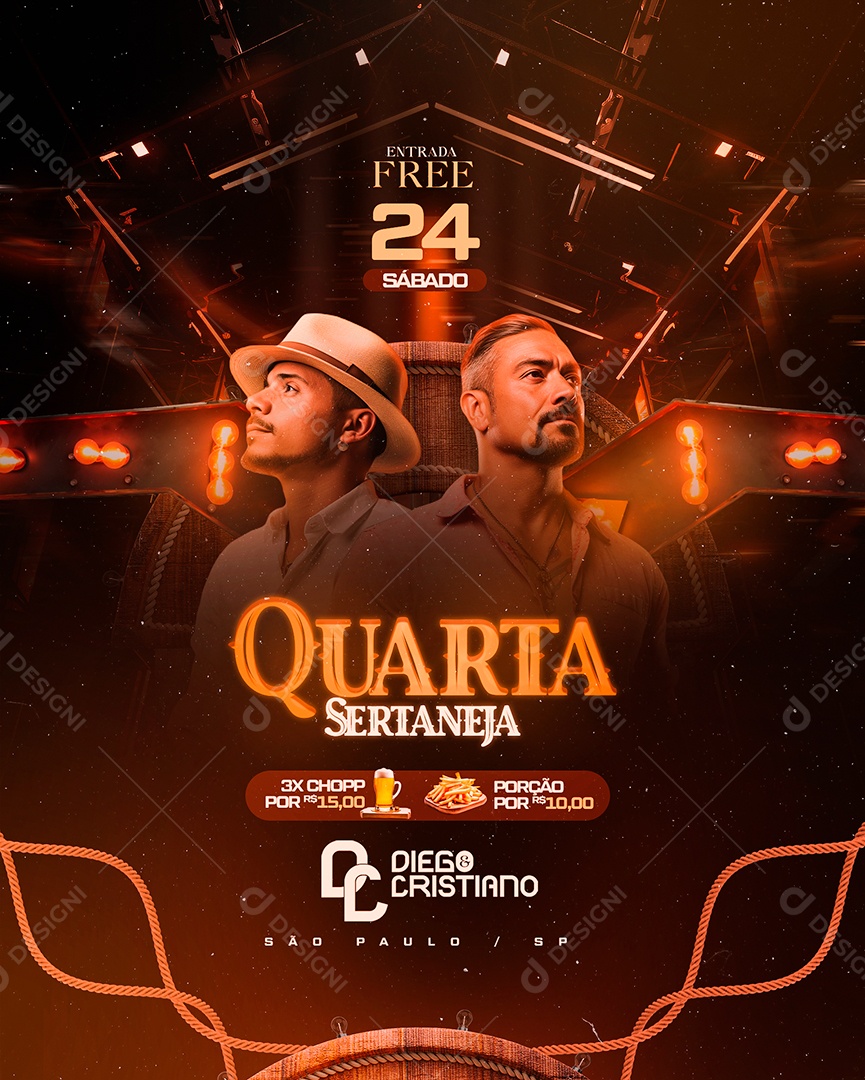 Flyer Quarta Sertaneja Diego e Cristiano Social Media PSD Editável