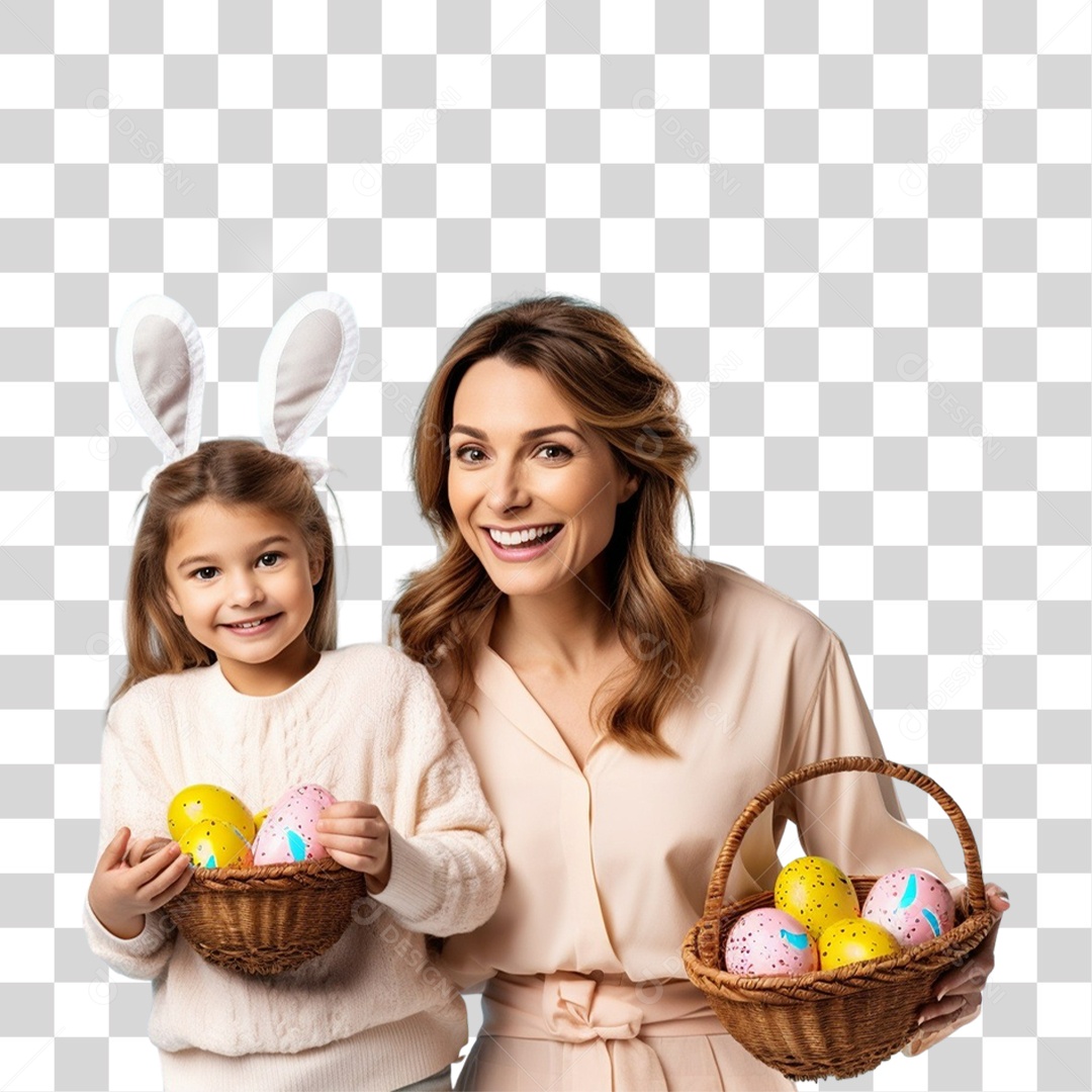 Mãe e Filha com Cestas de Ovos de Páscoa PNG Transparente