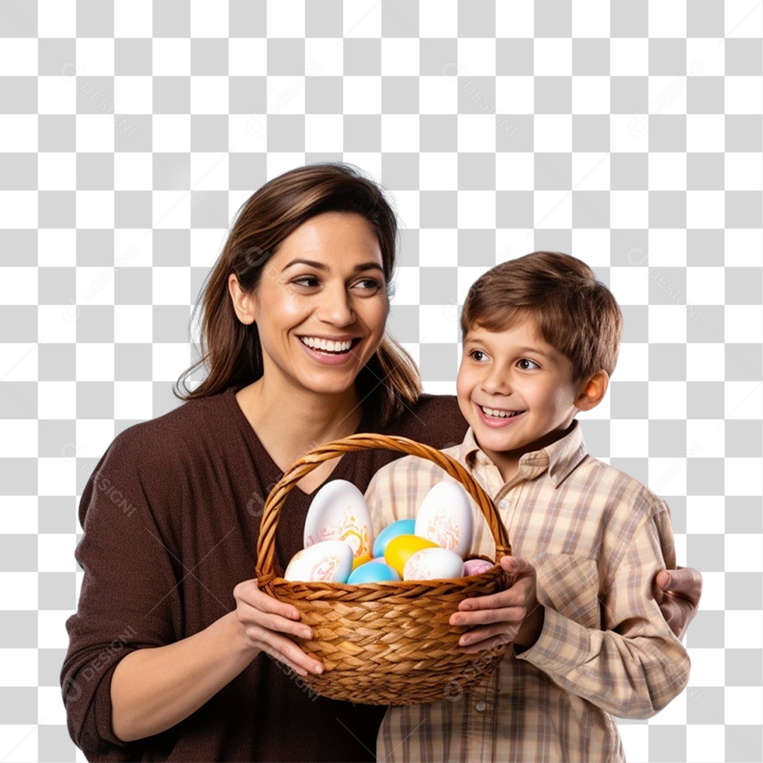 Mãe e Filho com Cestas de Ovos de Páscoa PNG Transparente