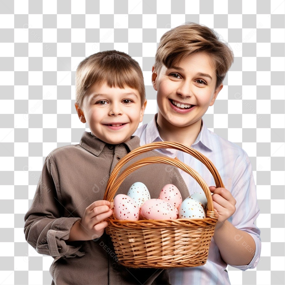 Irmãos Segurando Cesta de Ovos da Páscoa PNG Transparente