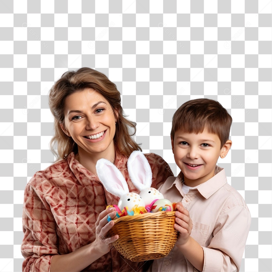 Mãe e Filho com Cestas de Ovos de Páscoa PNG Transparente