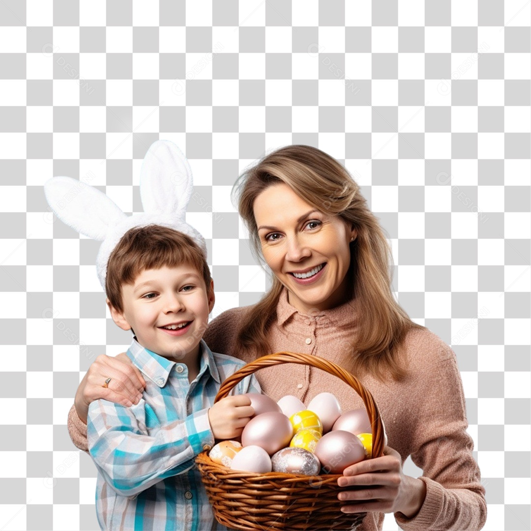 Mãe e Filho com Cestas de Ovos de Páscoa PNG Transparente