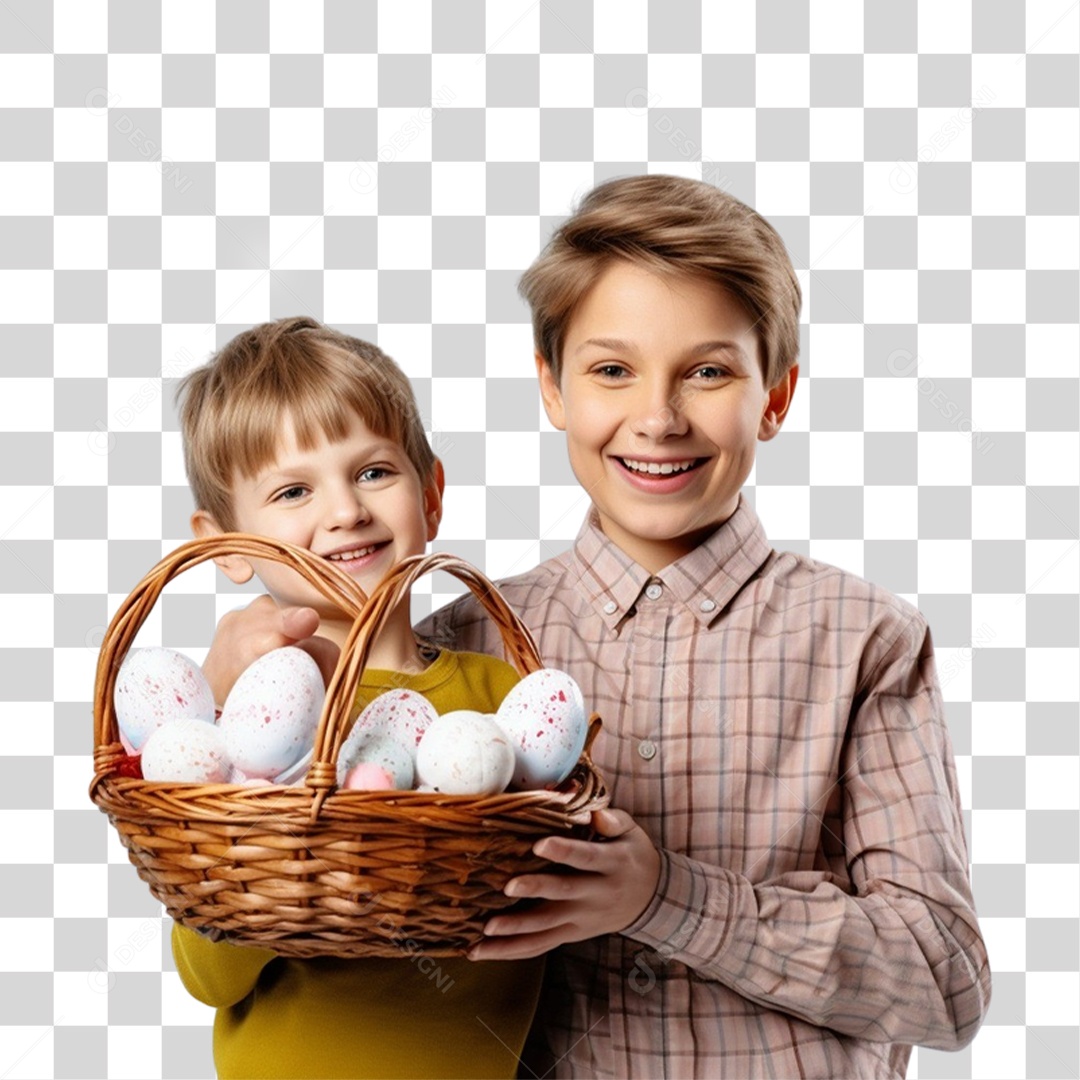 Irmãos Segurando Cesta de Ovos da Páscoa PNG Transparente