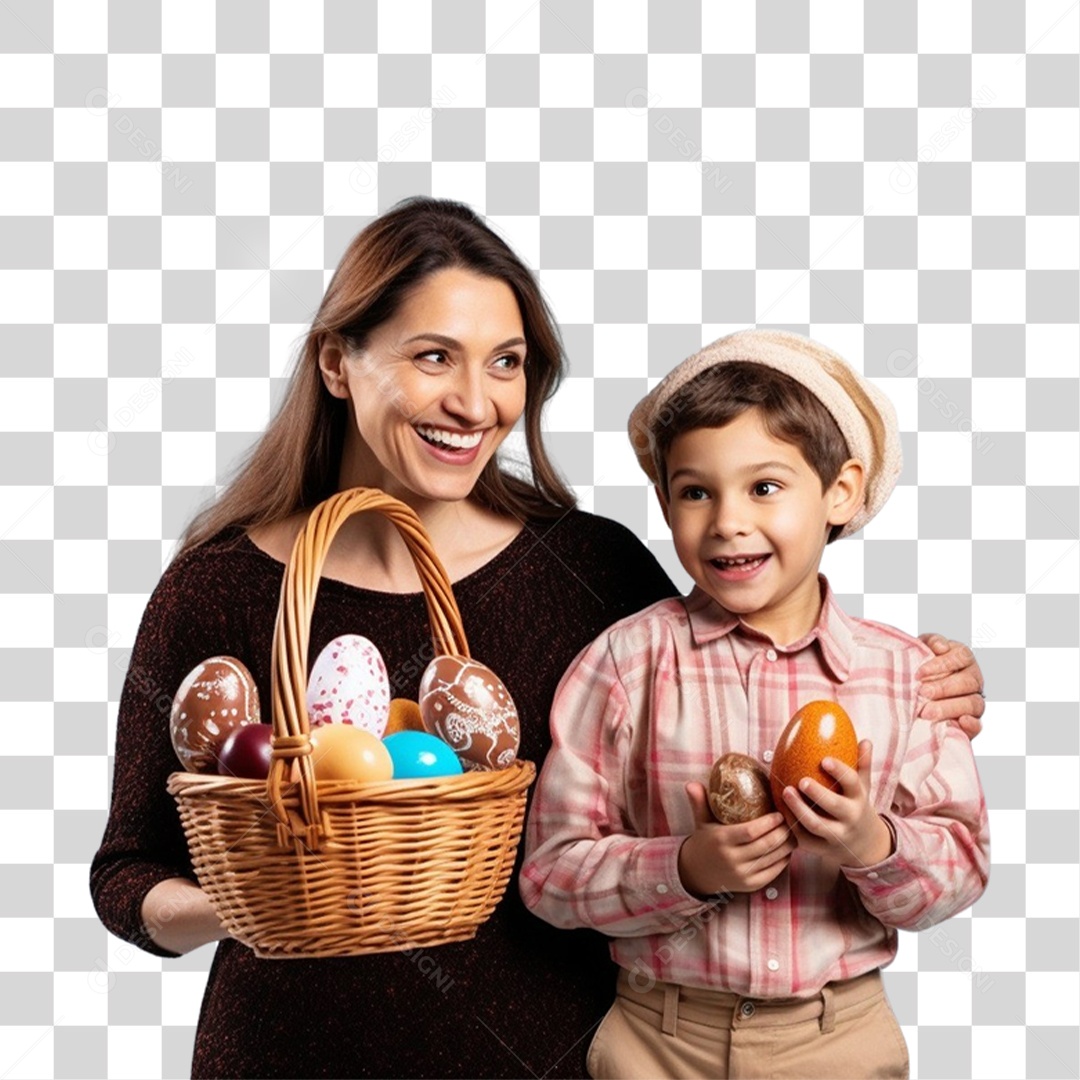 Mãe e Filho com Cestas de Ovos de Páscoa PNG Transparente