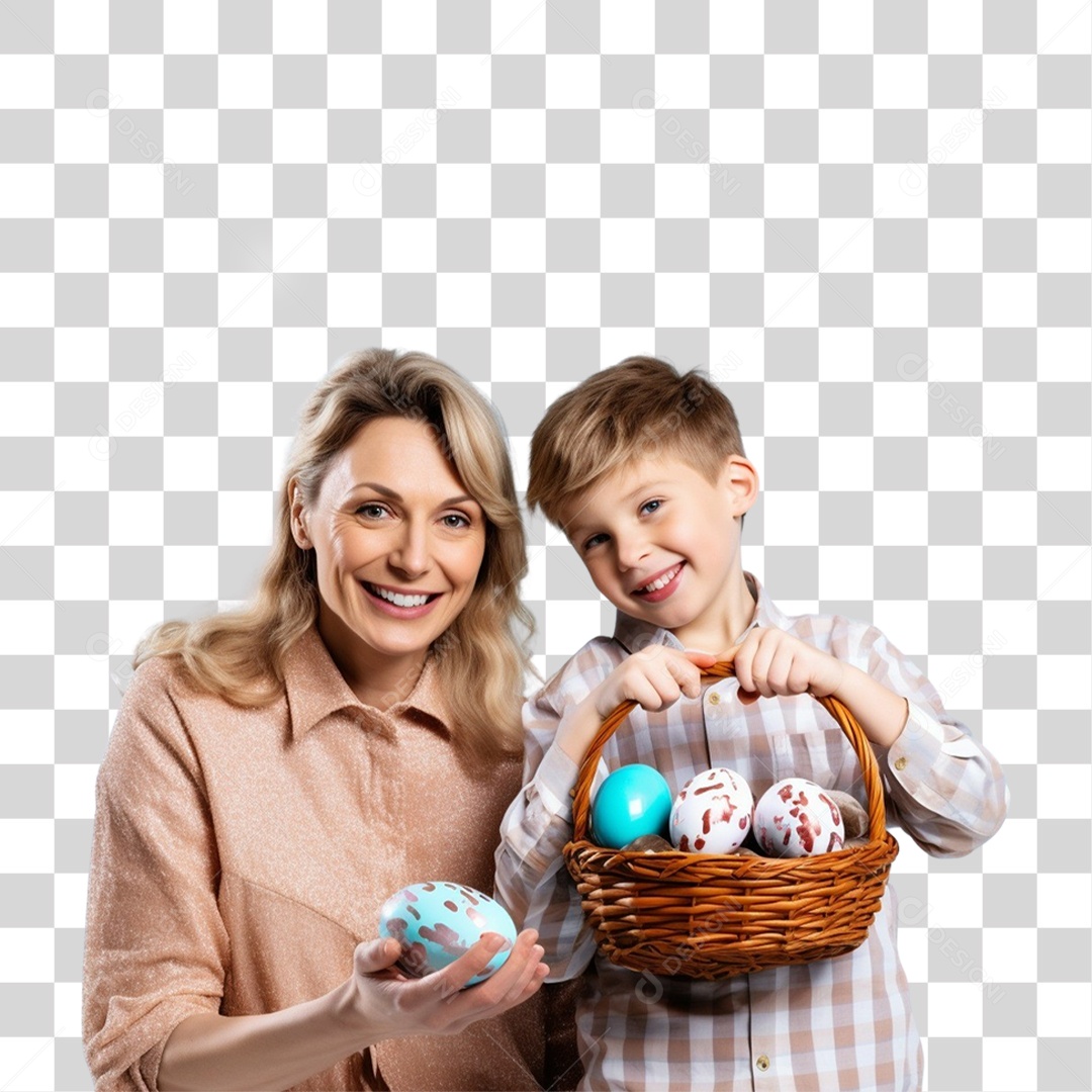 Mãe e Filho com Cestas de Ovos de Páscoa PNG Transparente