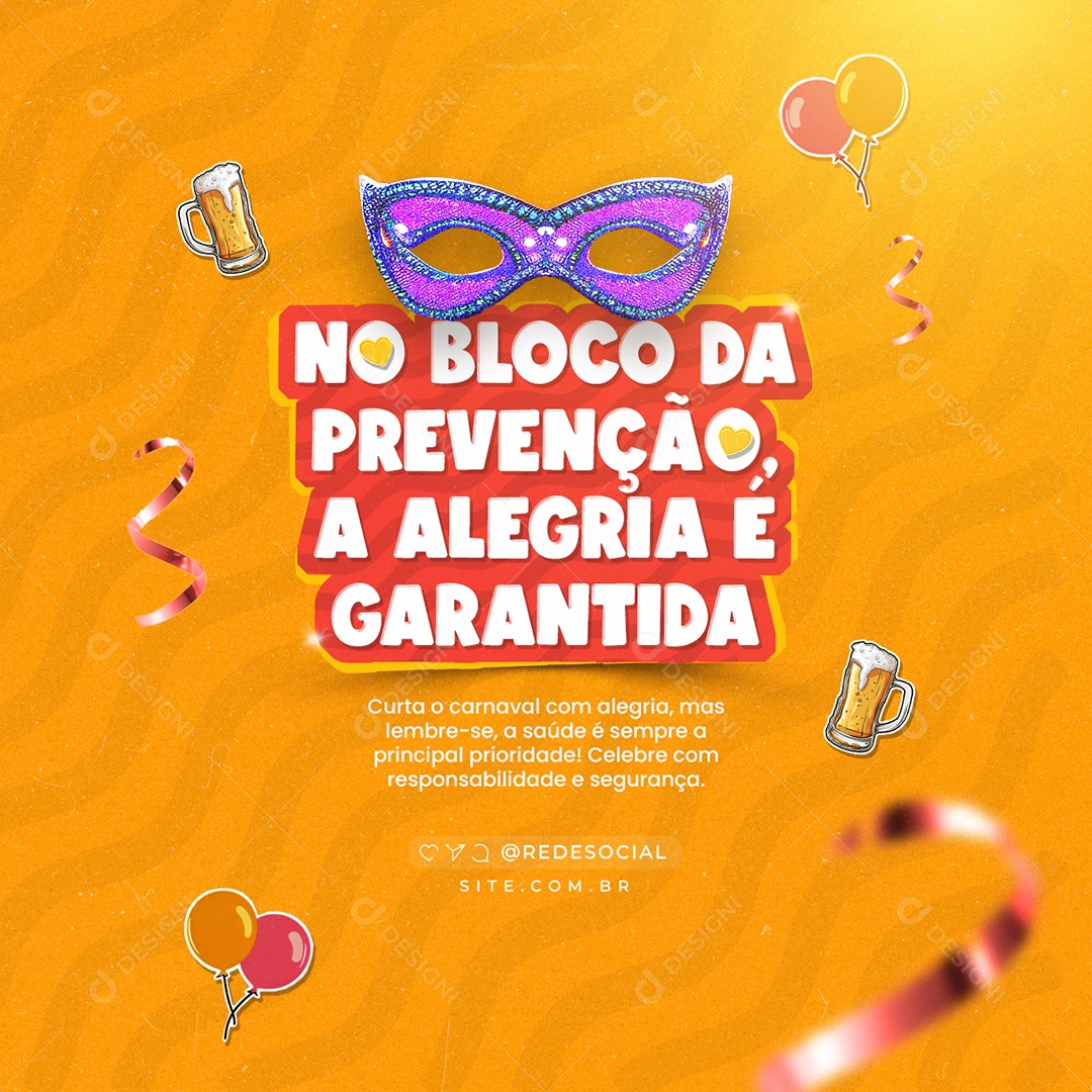 Aviso de Carnaval No Bloco da Prevenção e Alegria Social Media PSD Editável