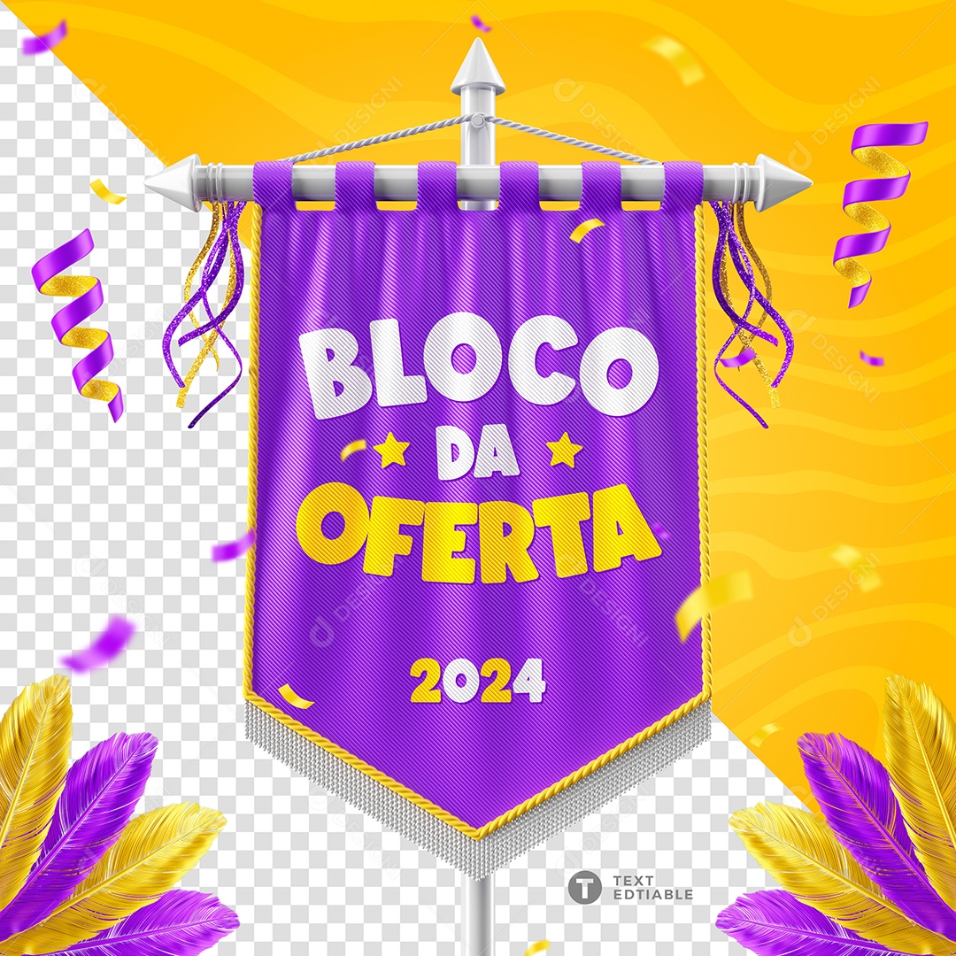 Bloco Da Oferta 2024 Bandeira Elemento 3D Roxo Branco e Amarelo para Composição PSD