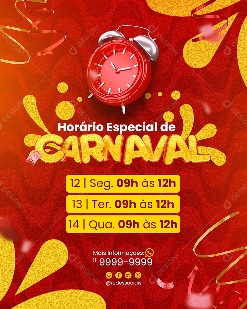 Aviso de Carnaval Horário Especial de Carnaval Social Media PSD Editável