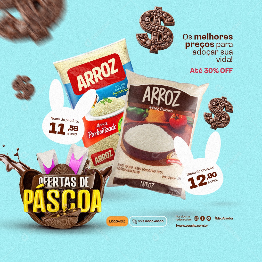 Ofertas de Páscoa Supermercado Arroz Os melhores preços Social Media PSD Editável