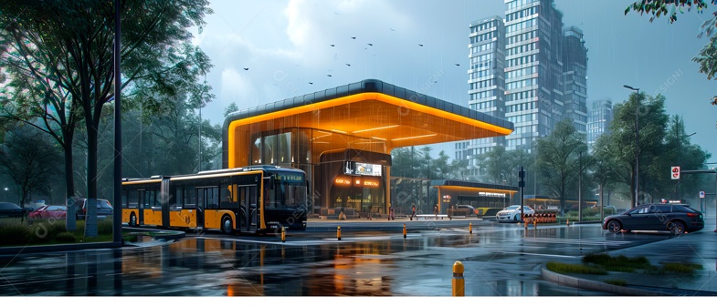 Estação rodoviária IA generativa moderna.