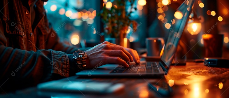 Homem de negócios trabalhando em um laptop IA generativa.