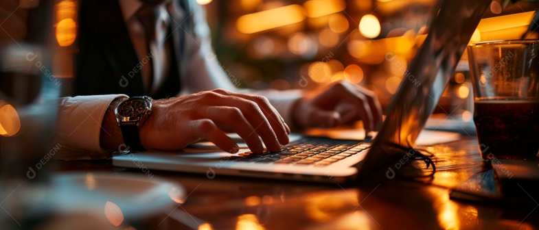 Homem de negócios trabalhando em um laptop IA generativa.