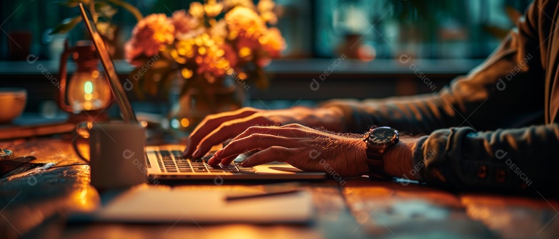 Homem de negócios trabalhando em um laptop IA generativa.