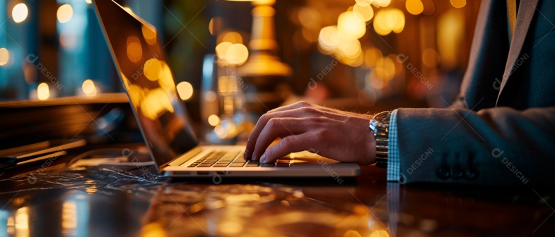 Homem de negócios trabalhando em um laptop IA generativa.