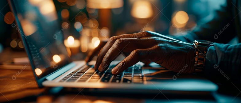 Homem de negócios trabalhando em um laptop IA generativa.