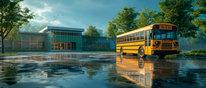 Escola moderna com ônibus escolar IA generativa.