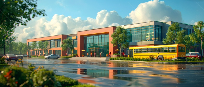 Escola moderna com ônibus escolar IA generativa.