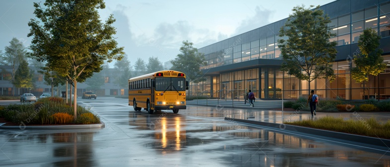 Escola moderna com ônibus escolar IA generativa.