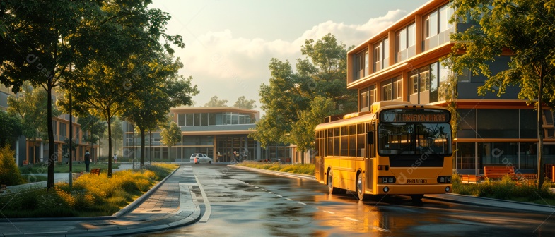 Escola moderna com ônibus escolar IA generativa.