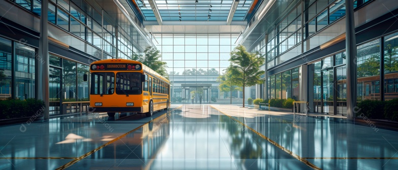 Escola moderna com ônibus escolar IA generativa.