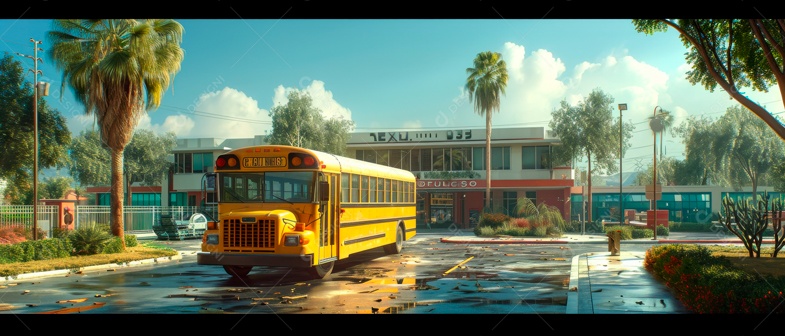 Escola moderna com ônibus escolar IA generativa.