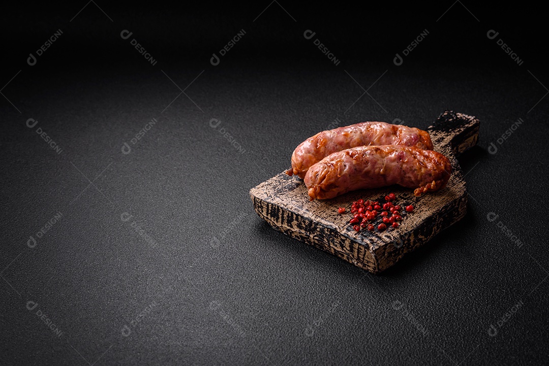 Deliciosas salsichas grelhadas de frango ou porco com sal e especiarias sobre um fundo escuro de concreto