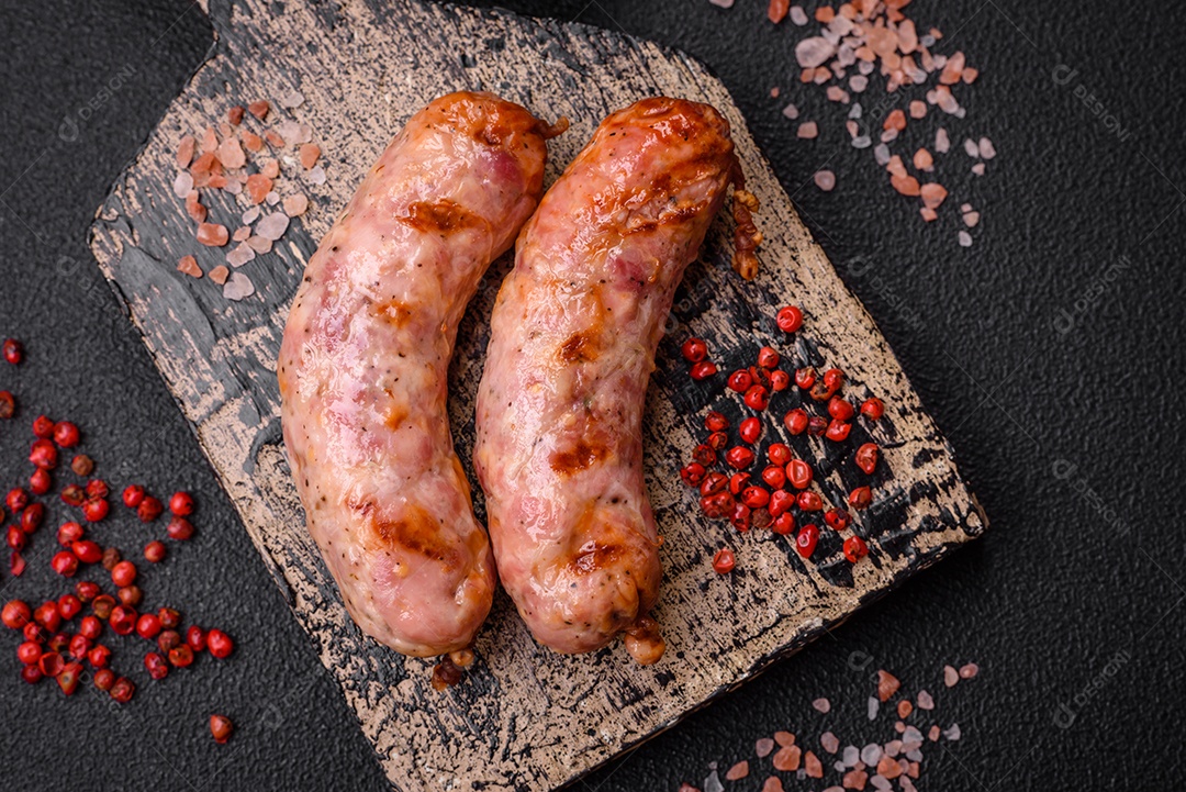 Deliciosas salsichas grelhadas de frango ou porco com sal e especiarias sobre um fundo escuro de concreto