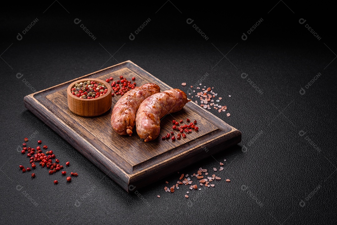 Deliciosas salsichas grelhadas de frango ou porco com sal e especiarias sobre um fundo escuro de concreto