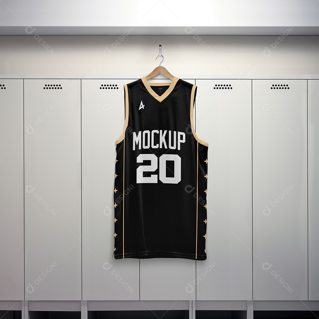 Regata de Basquete Com Gola v Em Fundo de Armários Branco PSD Editável Mockup