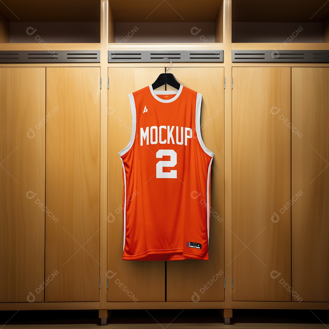 Regata de Basquete Em Gola Redonda Em Fundo Com Armários Em Madeira PSD Editável Mockup