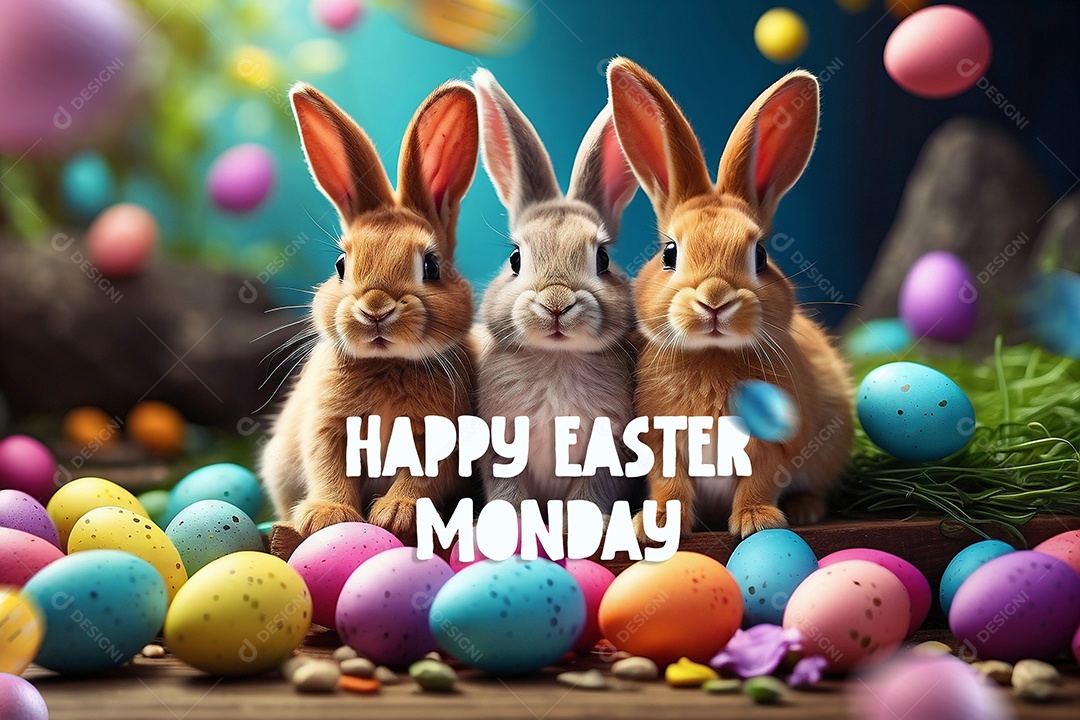 Design de modelo de segunda-feira de Páscoa com coelhos e ovos para história em mídia social IA generativa
