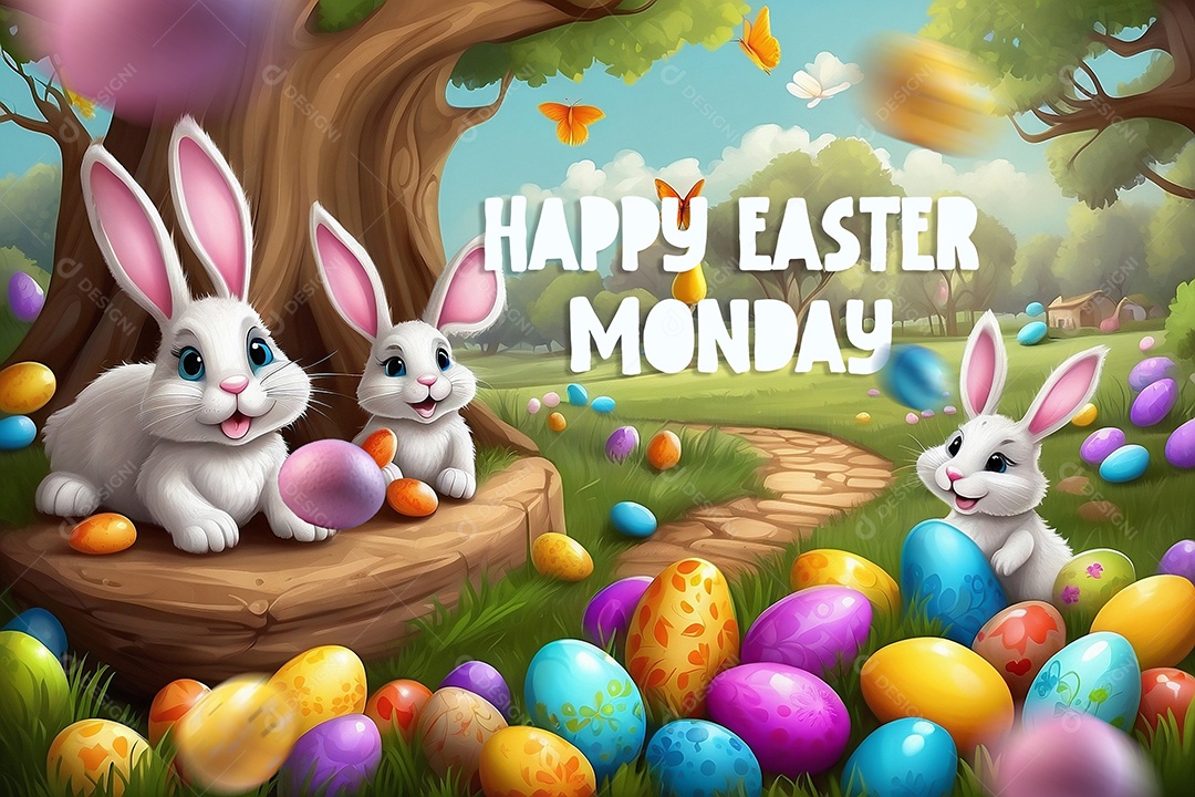 Design de modelo de segunda-feira de Páscoa com coelhos e ovos para história em mídia social IA generativa