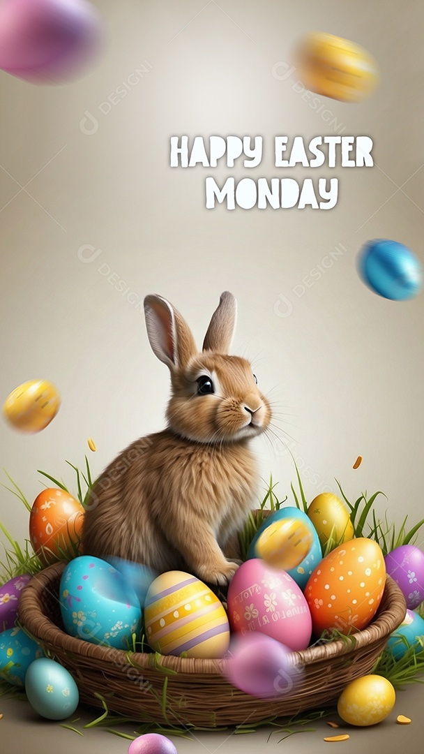 Design de modelo de segunda-feira de Páscoa com coelhos e ovos para história em mídia social IA generativa