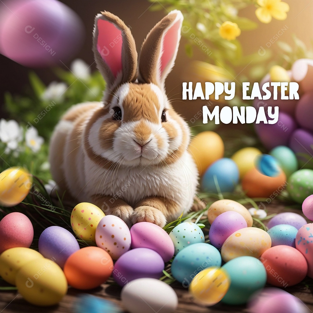 Design de modelo de segunda-feira de Páscoa com coelhos e ovos para história em mídia social IA generativa