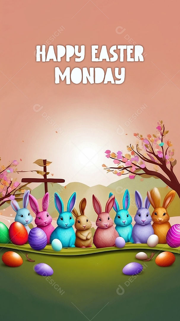 Design de modelo de segunda-feira de Páscoa com coelhos e ovos para história em mídia social IA generativa