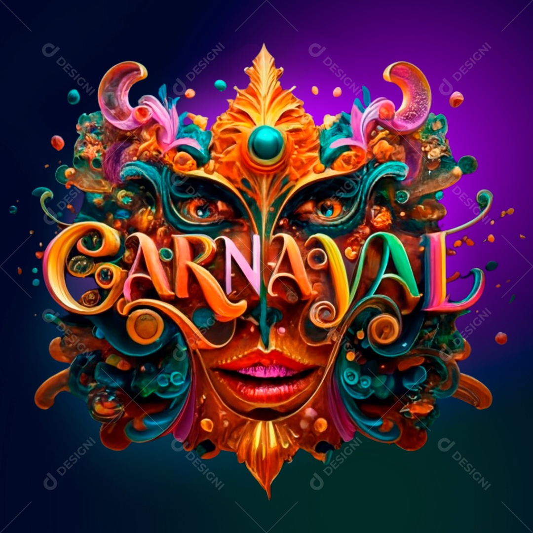 Selo 3D Carnaval em Rosto com Máscara Colorido para Composição PSD