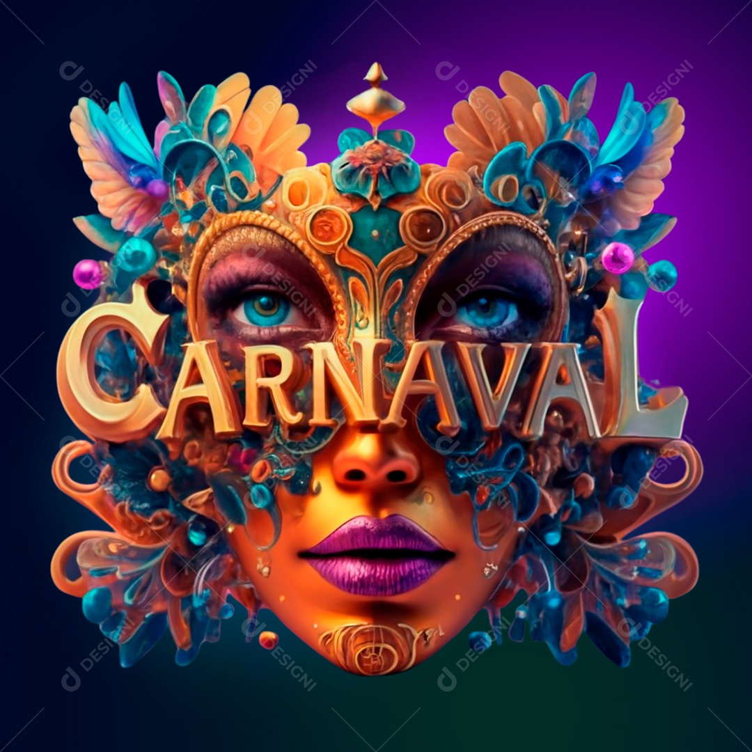 Carnaval em Rosto com Máscara Selo 3D Colorido para Composição PSD