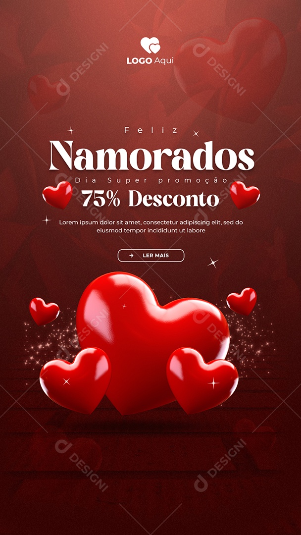 Story Feliz Dia dos Namorados Dia Super promoção 75% Desconto Social Media PSD Editável